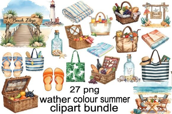 Capture the Coastal Spirit: The Watercolor Beach Picnic Clipart Bundle