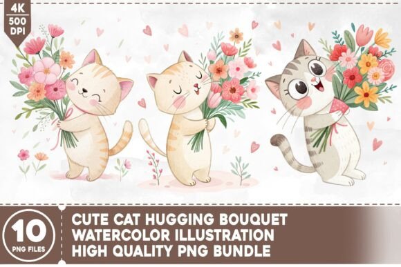 Cute Cat Hugging Bouquet PNG Bundle: Design with Heart